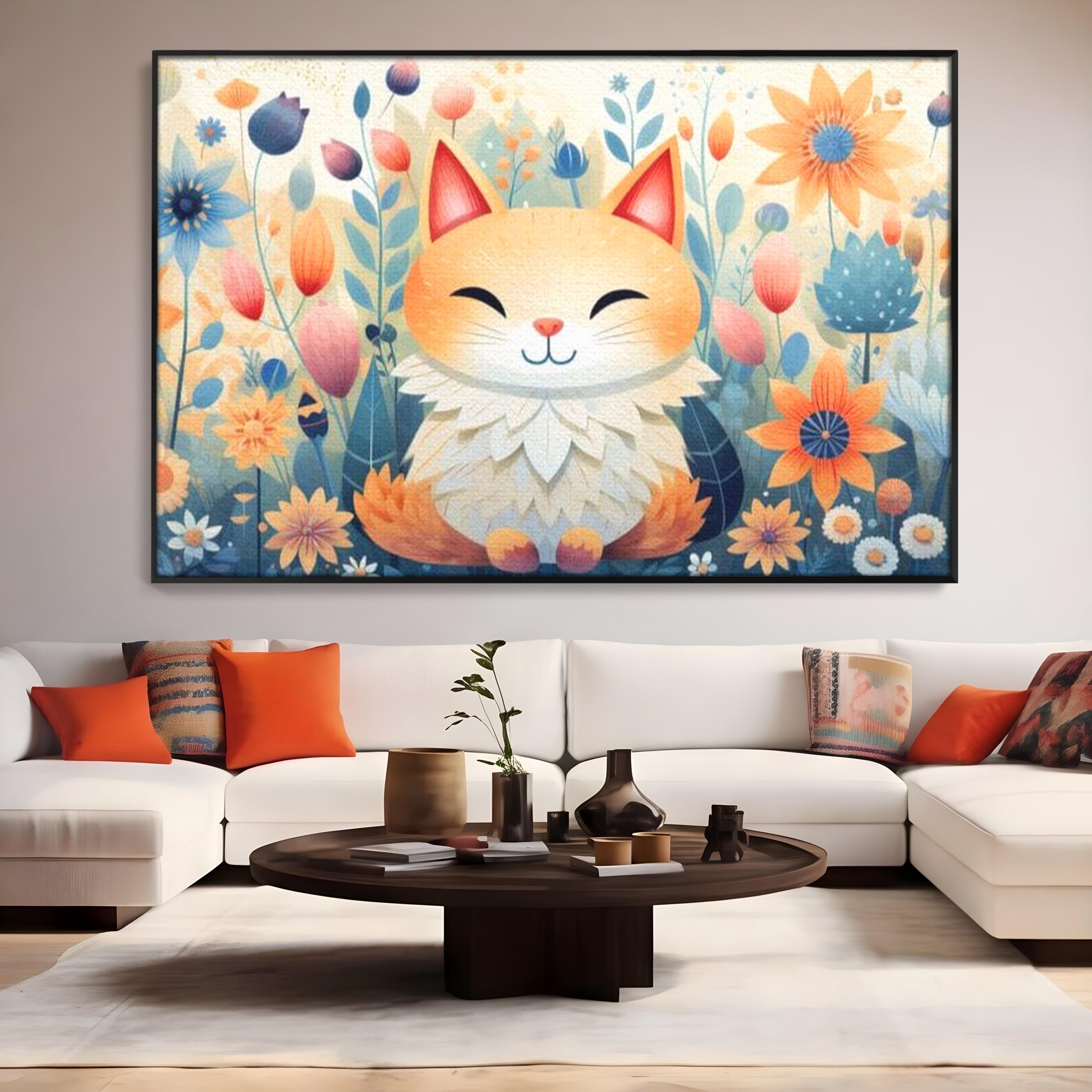 Tablou canvas cu tablou canvas cu pisicuta in gradina cu flori, in rama de aluminiu negru, pe perete intr-un living